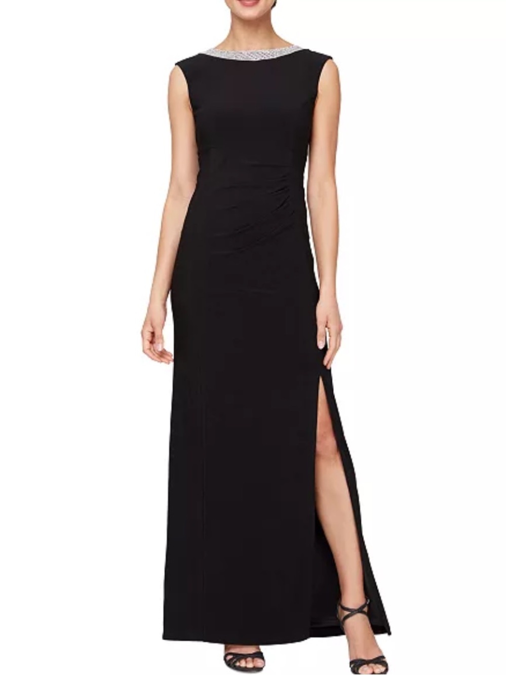 NWT Alex Evenings Black Rhinestone Neck Ruched Formal Maxi Dress Size 16